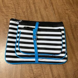 Set of 3 / Striped Black & White Clutch with Blue Accents - NEW